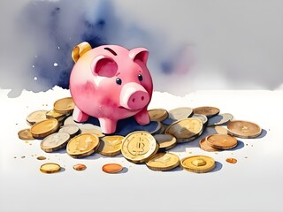 Watercolor investment piggy bank and coins.