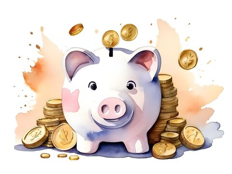 Watercolor investment piggy bank and coins.