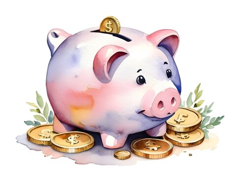 Watercolor investment piggy bank and coins.