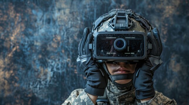 A soldier in camouflage holding a virtual reality device to his face, AI
