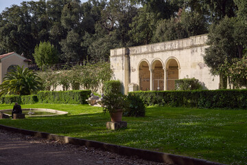 Fototapeta na wymiar Portico dei Leoni in the gardens of Villa Borghese, Rome 