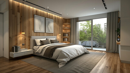 A bedroom with a wooden wall. The bed is surrounded by a rug. cozy atmosphere. Side view of modern master bedroom with white and wooden walls, wooden floor, king size bed, bookcase and mock up poster