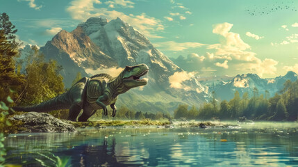 Majestic dinosaur by mountain lake at sunset - obrazy, fototapety, plakaty