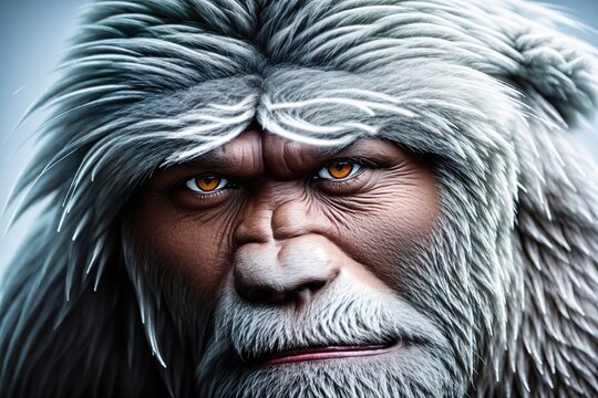 Yeti's face. The gorilla has a serious expression on its face, with its eyes looking directly at the camera. The image is in