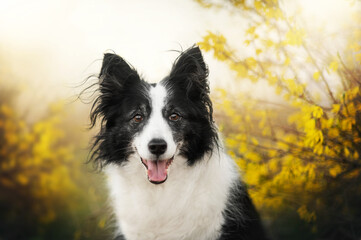 dog border collie senior beautiful spring portrait with blooming trees - Powered by Adobe