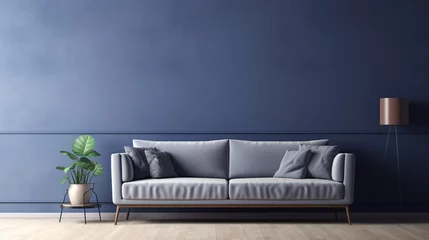 Fototapeten Modern living room interior with navy blue wall and large sofa. © Alpa