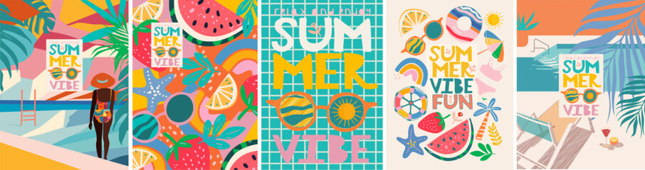 Summer vibe. Set of cute trendy vector illustrations: logo, pattern, watermelon, resort, woman by the pool, beach, strawberry, swimsuit, sunglasses, sun for poster, card or background