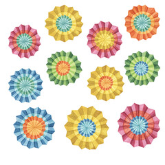 Bright colored set of fiesta flowers. Hand drawn isolated watercolor cliparts, Mexican paper fans for Cinco de Mayo decoration. Celebration designs for packaging, printing, cards, posters, invitation