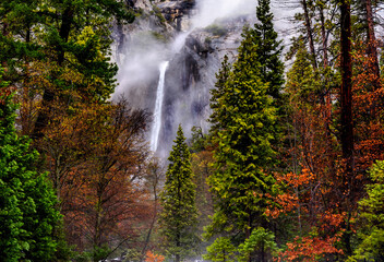 Fototapeta na wymiar The lower cascade of the Yosemite falls in January with misty falls and some autumn colours 