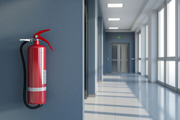 Precaution in place Vivid red fire extinguisher in a serene corridor. The contrast implies readiness amidst calm, a blend of caution and tranquility.