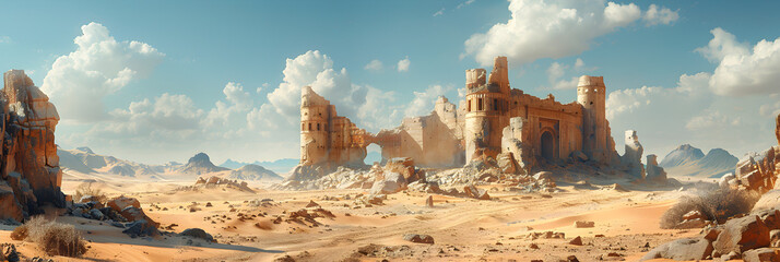 Abandoned ruin in the desert 3d image wallpaper 
 - obrazy, fototapety, plakaty