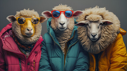 Fashionable portrait of three anthropomorphic cute Sheep With sunglasses and vibrant jackets. Stylish animal rock band, glam rock style. Generative AI - obrazy, fototapety, plakaty