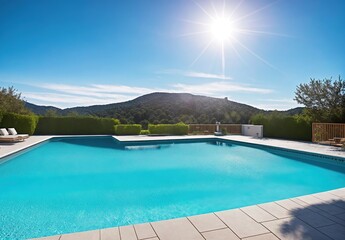 A swimming pool surrounded by a deck and a few chairs.