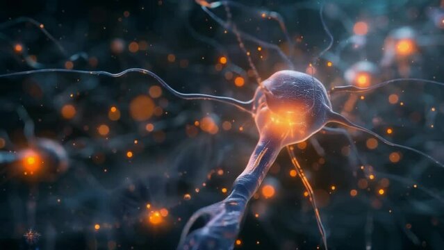 Neuron Close-Up with Glowing Synaptic Connections
