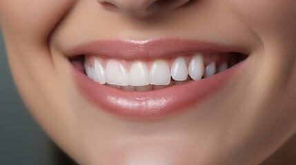 Obraz premium A close-up of a girl's lips with a charming smile, displaying her perfect teeth, Concept healthy teeth.