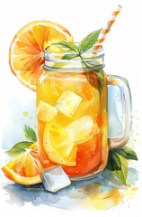 Illustration of Fresh Orange Water in a Mason Jar Glass with Ice and a Straw