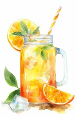 Illustration of Fresh Orange Water in a Mason Jar Glass with Ice and a Straw - obrazy, fototapety, plakaty