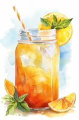 Illustration of Fresh Orange Water in a Mason Jar Glass with Ice and a Straw