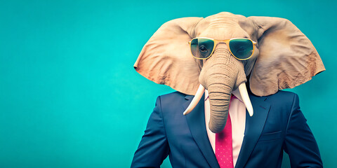 Elephant wearing sunglasses and a sharp suit with tie, stylish animal fashion