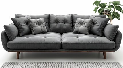 Modern style grey sofa with four pillows, isolated on a white background, including a clipping path.