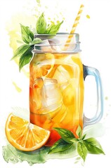 Illustration of Fresh Orange Water in a Mason Jar Glass with Ice and a Straw