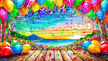 a colorful carnival or party frame, where balloons, streamers, and confetti adorn a rustic wooden board, inviting viewers into a whimsical world of festivities