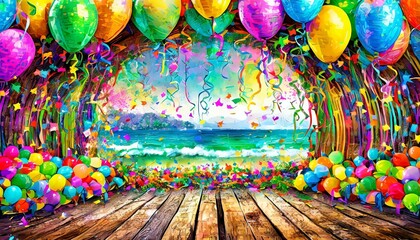 a colorful carnival or party frame, where balloons, streamers, and confetti adorn a rustic wooden board, inviting viewers into a whimsical world of festivities