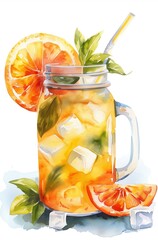 Illustration of Fresh Orange Water in a Mason Jar Glass with Ice and a Straw