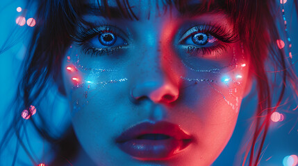 Futuristic surreal photography portrait of beautiful, woman tribe princess red blue color light, Woman in Neon Lighting Close Distance Lips Beauty. Generative Ai, 