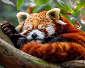 Cute Red Panda: Adorable Portrait of a Red Panda Sleeping in a Tree