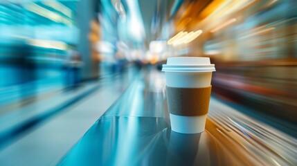 A coffee cup sitting on a table in front of blurry background, AI