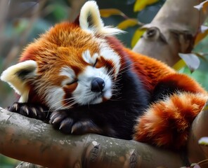 Cute Red Panda: Adorable Portrait of a Red Panda Sleeping in a Tree