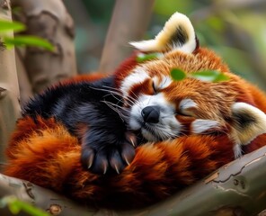 Cute Red Panda: Adorable Portrait of a Red Panda Sleeping in a Tree