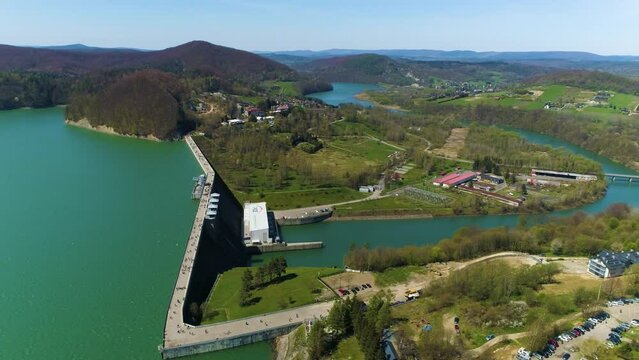 Timelapse Water Dam On Solina Lake Bieszczady Mountains Aerial View Poland