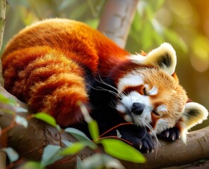 Cute Red Panda: Adorable Portrait of a Red Panda Sleeping in a Tree