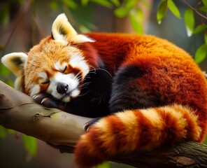 Cute Red Panda: Adorable Portrait of a Red Panda Sleeping in a Tree