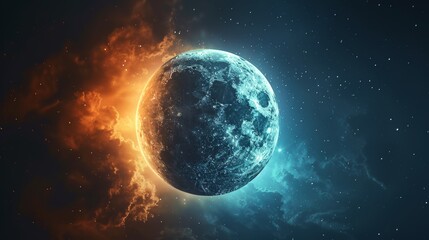 A close up of a blue and orange moon in space, AI