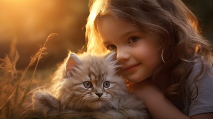 Heartwarming moment: A little girl and her feline companion, basking in the sun-dappled tranquility of grassy surroundings.