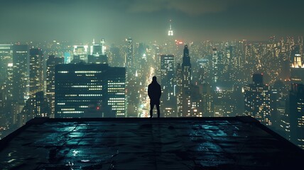 Silhouette of person standing on rooftop overlooking vast nighttime cityscape with illuminated buildings