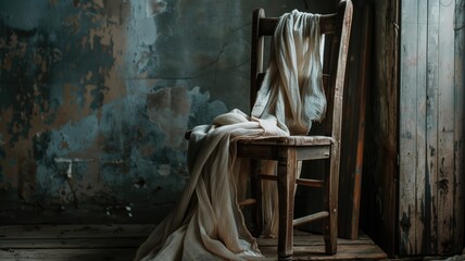 Old wooden chair with draped cloth in room peeling blue paint