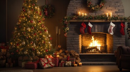 Celebrate the magic of Christmas with a festive living room, adorned with a decorated tree, a roaring fireplace, and an abundance of gifts.