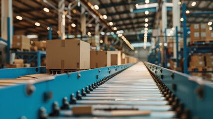 High-Tech E-commerce Warehouse: Conveyor Belt with Carefully Packed Boxes