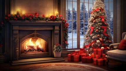 Experience the magic of the season in a living room with a decorated Christmas tree, a roaring...
