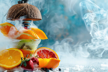 Close-up Modern fruit Hookah bowl with orange and sliced fresh fruits with hot coconut coals charcoal, white smoke , copy space, sunny summer. - obrazy, fototapety, plakaty