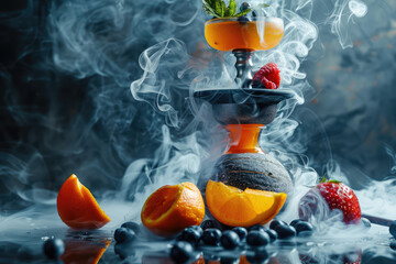Close-up Modern fruit Hookah bowl with orange and sliced fresh fruits and mint leaves with hot coconut coals charcoal, white smoke , copy space.