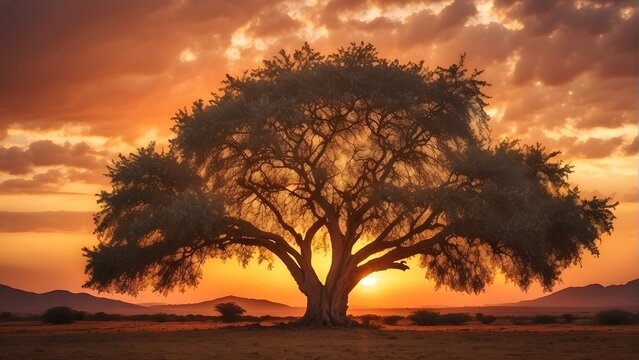 A majestic argan tree stands tall against the backdrop of a vibrant sunset in the desert