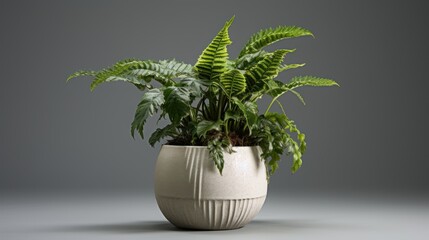 An isolated ceramic flower pot containing a green houseplant whose leaves form an intriguing botanical silhouette against a light background.