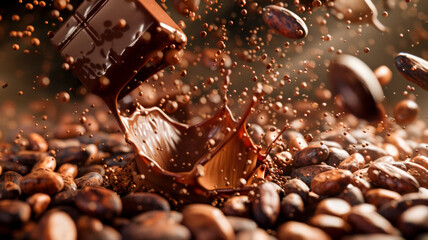 Luxurious Chocolate Pouring Over Cocoa Beans.Tempting Culinary Delight.