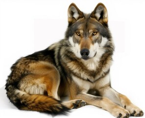 Lone Guardian: A Photorealistic Portrait of a Gray Wolf Resting Against a White Background
