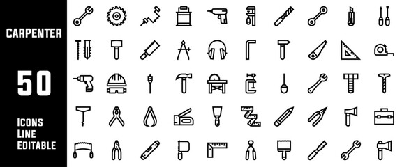 50 Carpenter Icons Set Line Editable Vector Illustration
